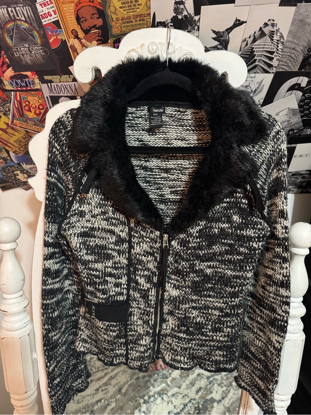 kenzie Black & White Faux Fur Collar Knit Zip Blazer